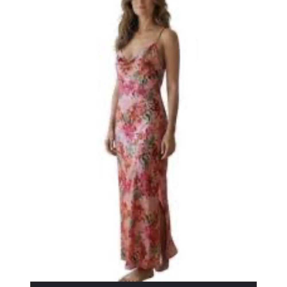 Paper‎ Heart Floral Satin Slip Dress Cowl Neck Maxi Slit Pink Romantic Sz M